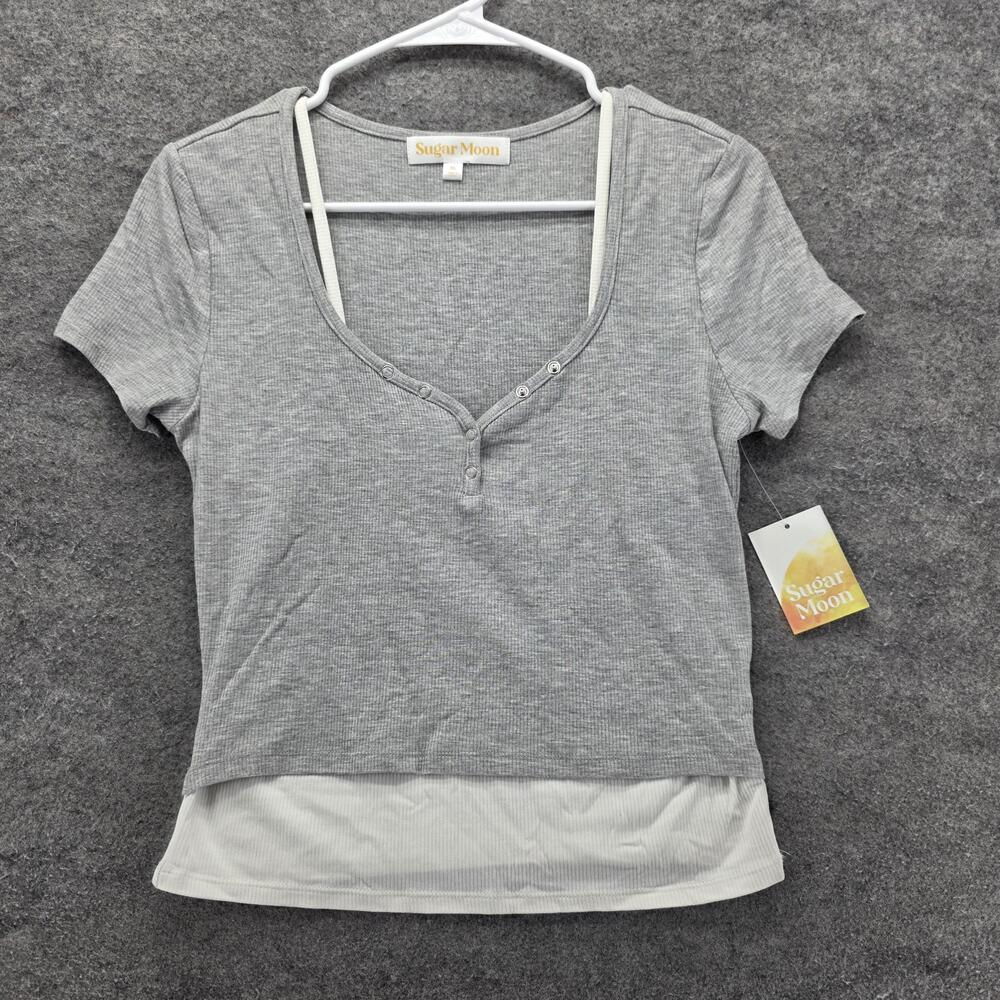 Sugar Moon Shirt Womens XL Heather Grey Short Sleeve Layered Stretch Ribbed Top
